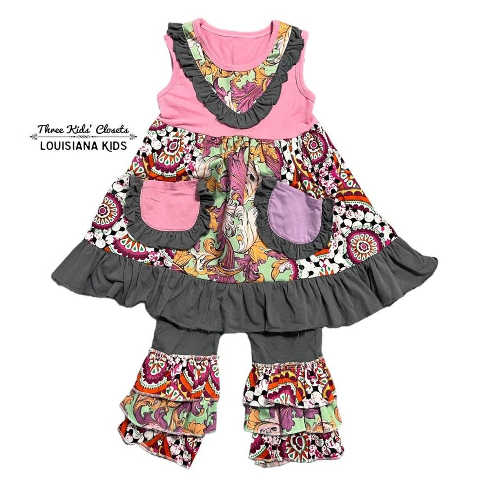 Girls S (2T) Mixed Print Ruffle Dress & Pants Set